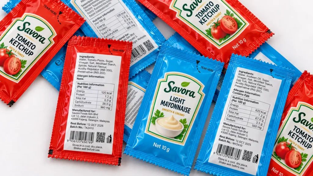 Front and back views of ketchup and mayonnaise sachets showing branding, product details, ingredients, nutrition information, dates and barcode