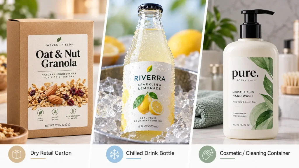 Comparison of sticker label applications on a dry-food carton, chilled drink bottle and cosmetic or cleaning-product container
