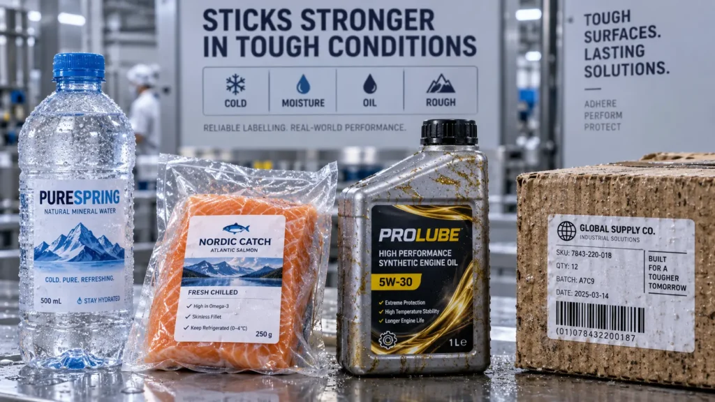 Adhesive labels tested on cold, wet, oily and rough product surfaces