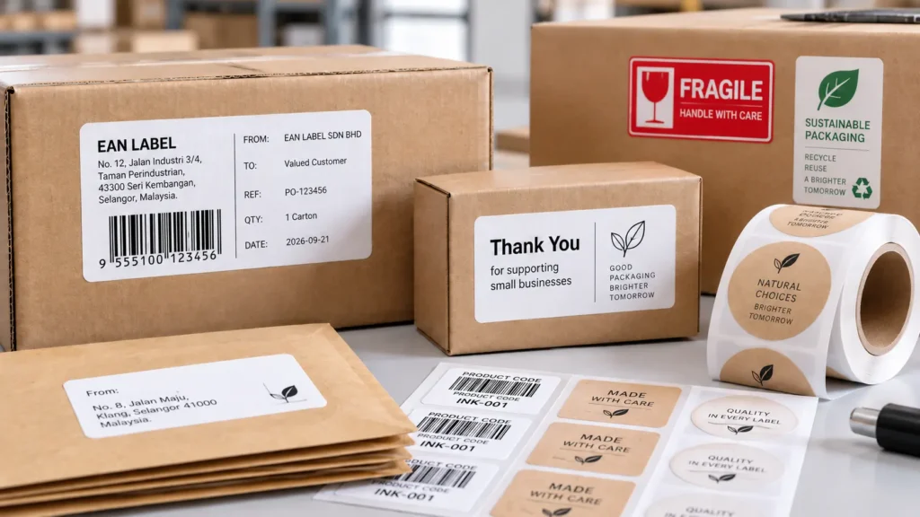 Barcode shipping labels and product identification stickers applied to cartons and packaging