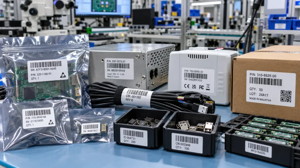 Barcode labels used on cartons, storage bins, pallets and manufacturing components