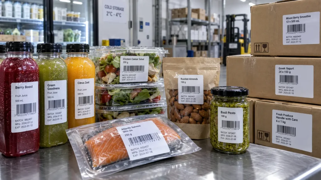 Barcode labels applied to beverages, food containers, chilled products, cartons and packaged ingredients