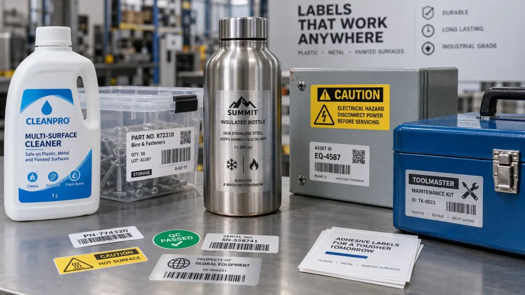 Industrial labels applied to plastic containers, metal equipment and painted machinery surfaces