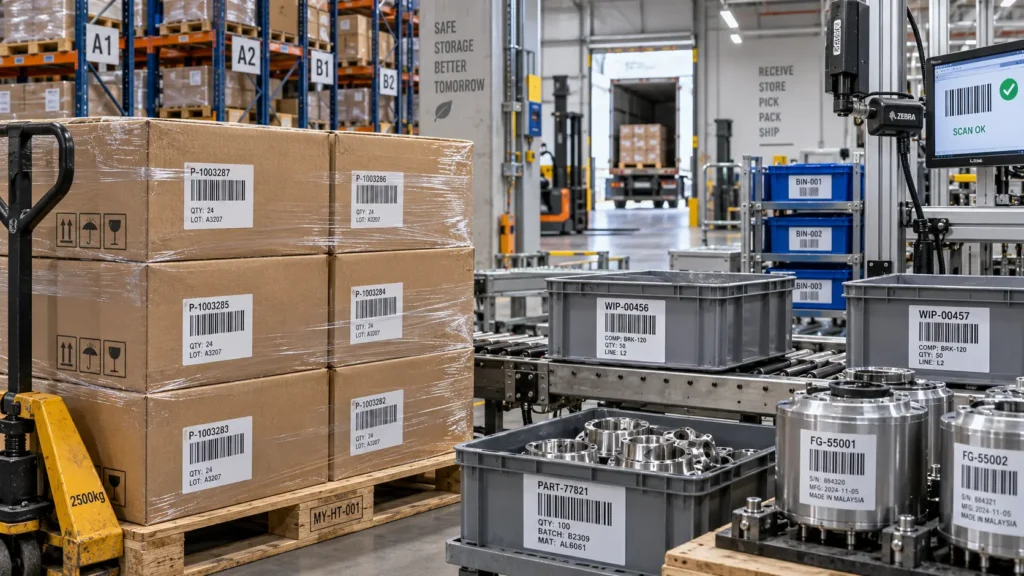 Barcode labels used on cartons, storage bins, pallets and manufacturing components